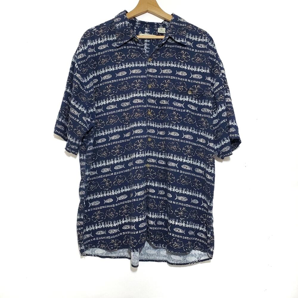 Summa Vintage 100% Silk Island Vibes Fish Print Short Sleeve Button Shirt